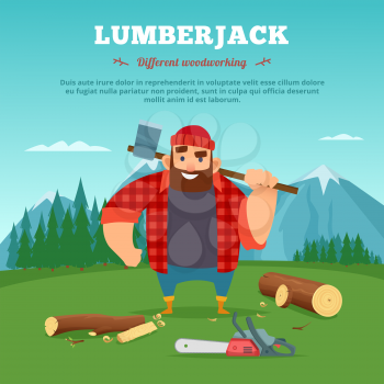 Poster with illustrations of wood machine and lumberjack. Worker with axe in green forest vector