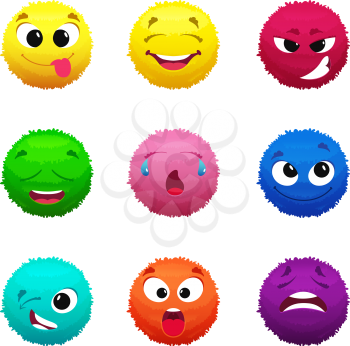 Funny furry faces of monsters. Puffy balls of different colors. Hair fur ball face, creative fluffy monster sphere, vector illustration