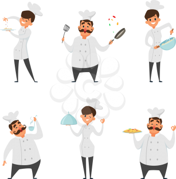 Illustrations of male and female professional chef in action poses. Man cooking, service staff person vector