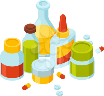 Different bottles with pills and drugs. Vector illustration of medicine theme. Medication of pharmaceutical capsule and medical tablet