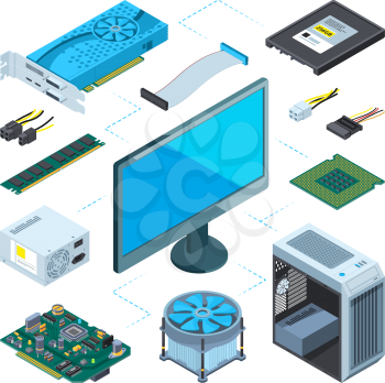 Isometric illustrations of computer hardware. Vector pictures set computer device equipment, server and processor