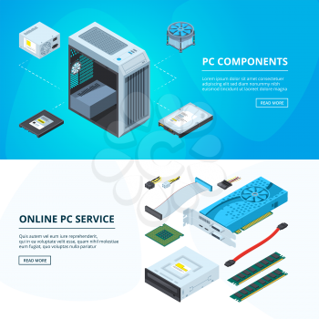 Horizontal banners set with different parts of personal computer. Processor and part of component computer. Vector illustration