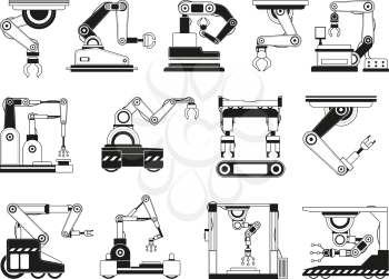 Robotic hands for manufacturing industry. Monochrome pictures robot equipment industrial for production. Vector illustration