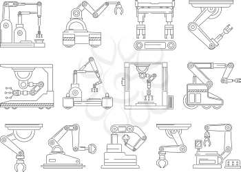Robotic machines for production. Mono line vector pictures set. Machine mechanical industrial hand, linear technical technology manufacturing illustration