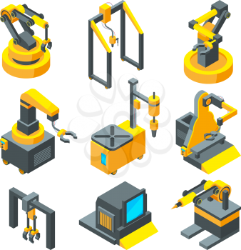 Isometric pictures of machinery. Factory machine tools equipment isometric 3d. Vector illustration