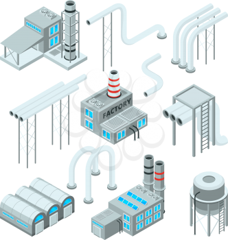 Factory pipe and set of industrial buildings. Isometric style pictures. Industry factory and industrial pipe for plant, vector illustration