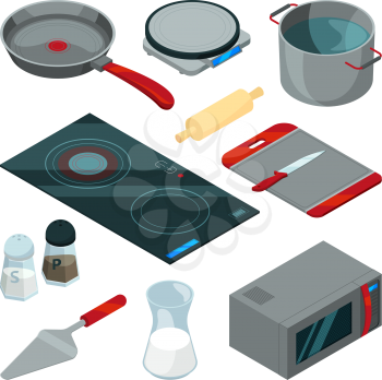 Kitchen tools for cooking. Isometric pictures set. Kitchen equipment and knife, kitchenware pan and microwave. Vector illustration