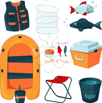 Different tools for fishing. Vector icons set in cartoon style. Fishing equipment and tools collection, hook and rod illustration