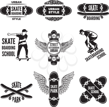 Monochrome labels of skaters. Pictures of skateboarding. Skateboard label, extreme board sport, vector illustration