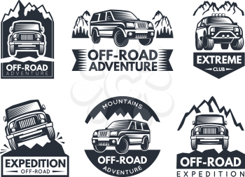 Monochrome labels set with suv cars. Automotive extreme label and emblem, motor vehicle for adventure. Vector illustration