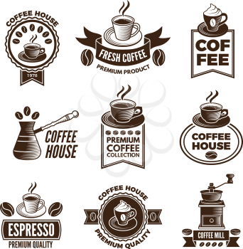Different labels set for coffee house. Pictures of cups of coffee and caffeine beans. Coffee drink in cup, label for shop sticker. Vector illustration