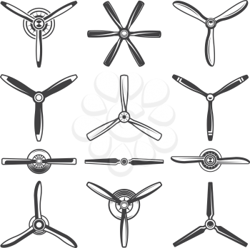 Screws and propellers in monochrome style. Vector propeller for turbine and ventilator, air rotate illustration
