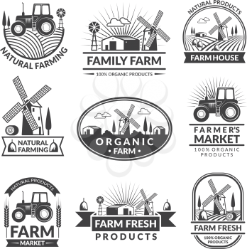 Signs and labels for farm market. Monochrome labels set with place for your text. Organic market food label, farm natural emblem. Vector illustration