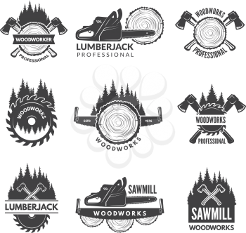 Badges set for wood working industry. Woodwork logo emblem industry, lumberjack woodworking. Vector illustration