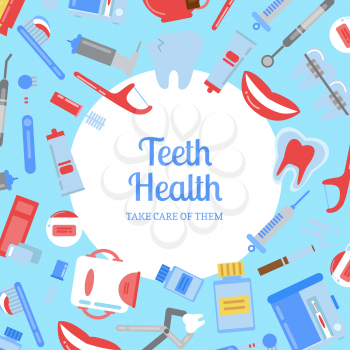 Vector flat style teeth hygiene background illustration with plain circle in center with place for text. Dental medical banner, tooth hygiene and health