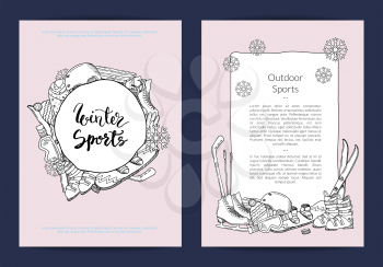 Vector card or flyer template for sports store or winter resort template with hand drawn contoured winter sports equipment and attributes illustration