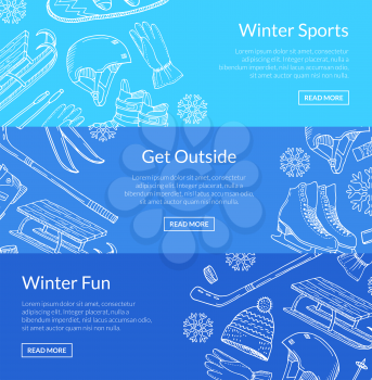Vector hand drawn winter sports equipment and attributes horizontal banner templates illustration