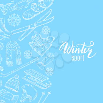 Vector hand drawn contoured winter sports equipment background with place for text illustration