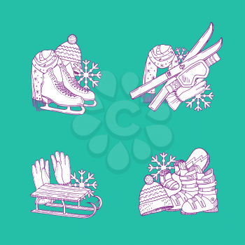 Vector hand drawn winter sports equipment piles set. Illustration of winter sport equipment snowboard and skate