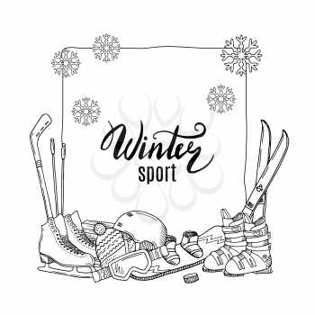 Vector hand drawn winter sports equipment elements pile below frame with place for text illustration