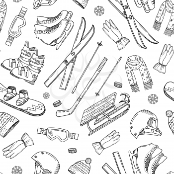 Vector hand drawn contoured winter sports equipment and attributes pattern or background illustration