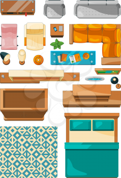 Different icons of furniture top view. Vector illustrations for create layout of apartment. Furniture bedroom, interior and plan apartment