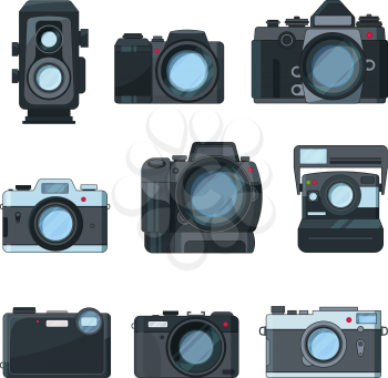 Dslr photo cameras. Vector set in cartoon style. Photo camera and photography equipment illustration