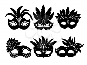 Monochrome black illustrations of carnival masks isolated on white background. Carnival and masquerade mask vector