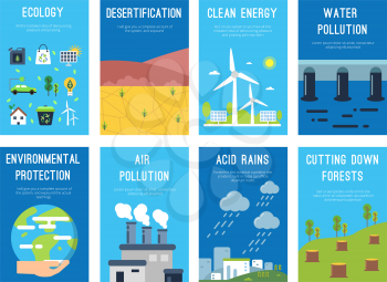 Concept infographic cards at ecology theme. Eco labels with place for your text. Bio ecological infographic, environment banner, desertification and acid rain. Vector illustration