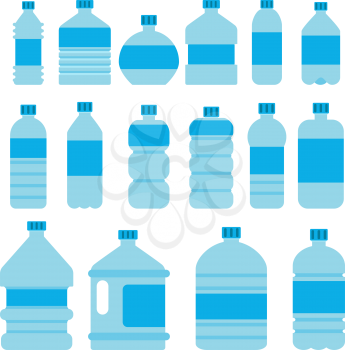 Illustrations of empty plastic bottles in flat style. Plastic container for liquid and clean water drink, mineral beverage fresh vector