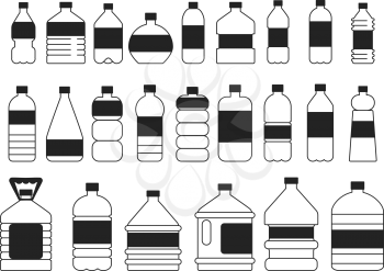 Monochrome pictures set of plastic bottles. Symbols of packaging. Container bottle plastic with water. Vector illustration