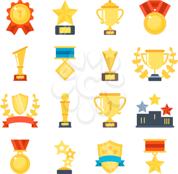 Flat pictures set of different trophy. Vector cup prize, award to champion illustration