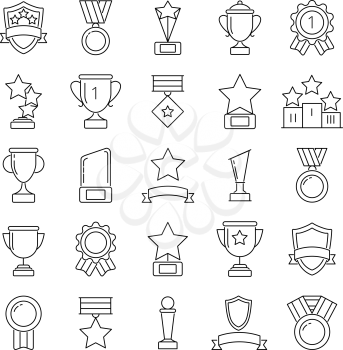 Mono line pictures set of cups and trophies. Vector cup prize and award competition illustration