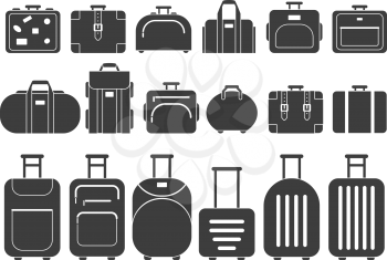 Vector monochrome pictures of suitcases and handbags. Illustration of black white suitcase, baggage and luggage