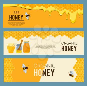 Horizontal banners with pictures set of apiary. Honey, waxing bee and beehive. Poster honey and apiary, beehive and dessert nutrition, vector illustration