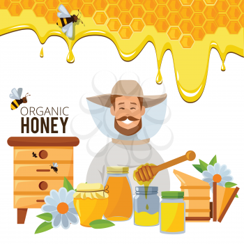 Vector poster template of apiary theme. Illustrations of bee an honey. Bee and honey, honeycomb and beekeeping
