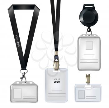 Realistic template of identification card or personal badges. Personal identity card, realistic lanyard tag, plastic id empty, vector illustration