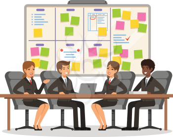 Business team working and make some planning on the scrum board. Whiteboard and process teamwork, scheme methodology. Vector illustration