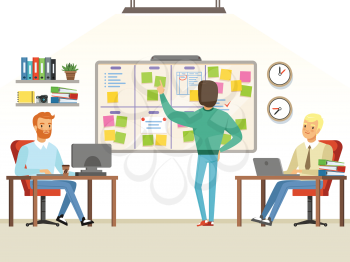 Team leader make planning tasks on the board. Whiteboard task development, developer and teamwork process planning, vector illustration