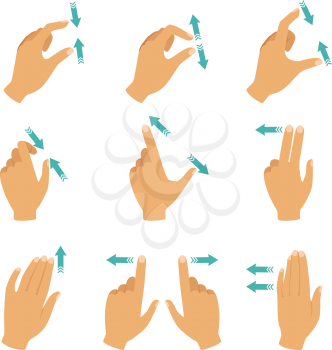 Hands and fingers touching screen of laptops, tablet and smartphones. Move finger gesture, touch and press illustration