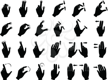 Monochrome illustrations of gestures to control electronic devices with touchscreen. Gesture finger and hand touchscreen vector