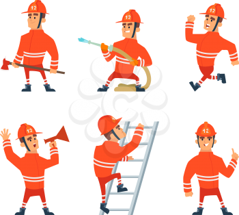 Fireman on the work. Different action poses cartoon fireman character, firefighter man in uniform, vector illustration