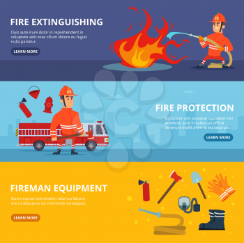 Horizontal banners with illustrations of firefighter in uniform. Firefighter equipment for emergency, rescue and firefighting vector