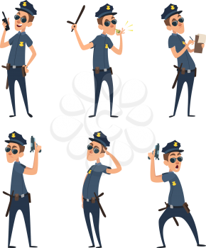 Funny cartoon characters of policemen in action poses. Man policeman in situation, cop pose various illustration
