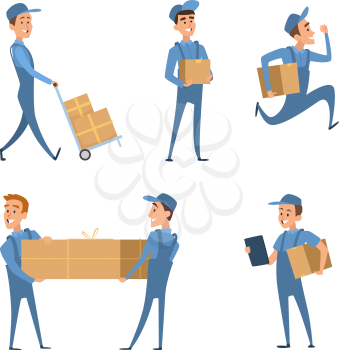 Workers of delivery. Set of characters. Delivery service, person worker with package, courier with box. Vector illustration