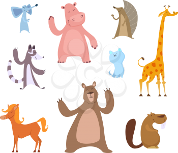 Vector cartoon illustrations of funny animals beaver and mouse, horse and cat, bear and giraffe