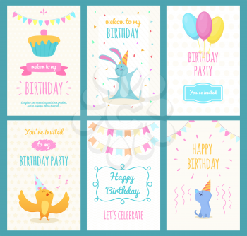 Design template of cards with illustrations of different exotic cartoon animals. Birthday card invitation to party celebration vector