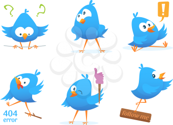 Funny characters of blue birds in action poses. Action bird, and funny animal. Vector illustration