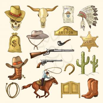Colored illustrations of wild west symbols. Western vintage pictures isolated. Vector wild west and gun, weapon and horse