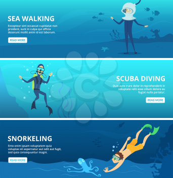 Horizontal banners with sea scuba divers. Funny cartoon characters scuba diver underwater swim ocean, vector illustration